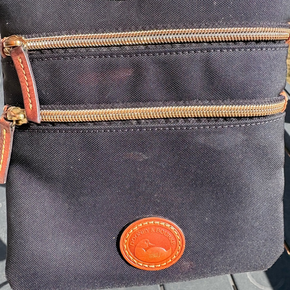 Dooney & Bourke Black Nylon Belt Bag with Brown Leather Trim and Gold Hardware